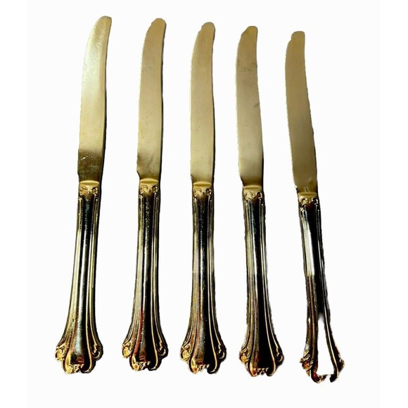 FB‎ Rogers Golden Plated Electroplate American Chipendale Flat 5 Butter Cutters - Picture 1 of 14